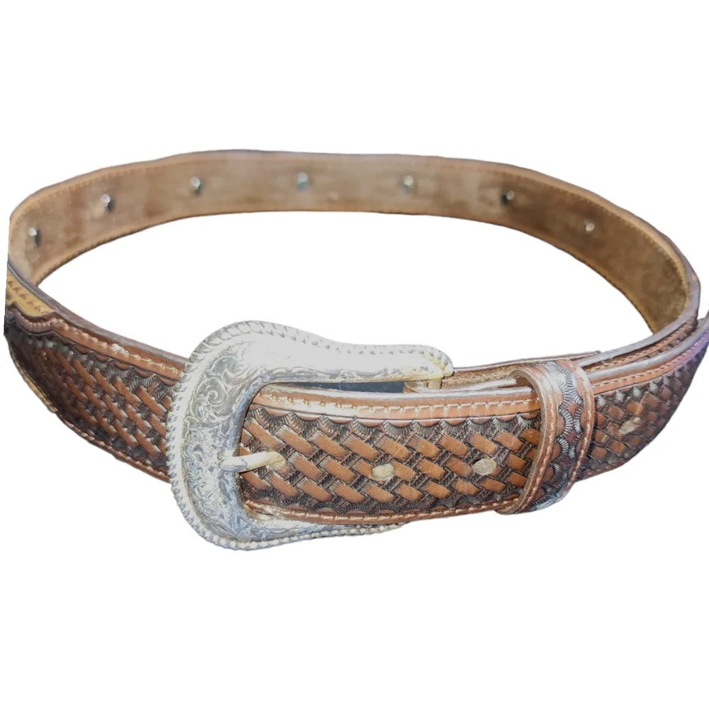DDD 3-D Belt Southwestern Silver Tone Buckle & Concho Brown Leather Belt Size 36